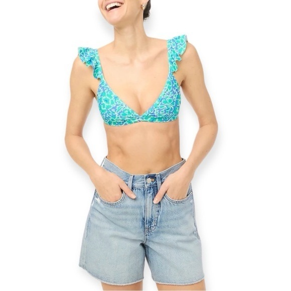 J. Crew Other - *J. CREW* Blue x Green Floral Ruffle Bikini Top NWT Size Large